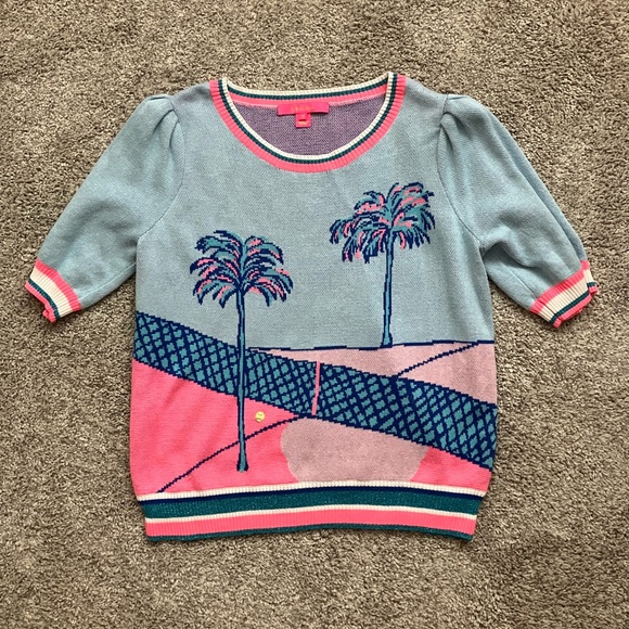 Lilly Pulitzer Tops - Lilly Pulitzer Pastel Blue, Pink & Navy Palm Print Sweater Top